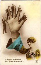 Woman with Wavy Hairstyle Holding Hand up with Five Men on Fingers," I Have Never Grieved over Love, for I Don't Hate Men", Hand-Colored  Dutch Postcard, circa 1928