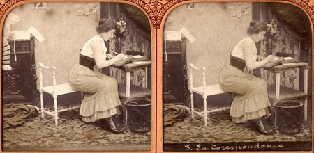 Woman Writing Letter at Desk, Stereo Card, circa early 1900's