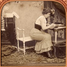 Woman Writing Letter at Desk, Single Image of Stereo Card, circa early 1900's