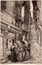 Lady Godiva on Horseback being Guided by Nun on Cobblestone Street, Illustration
