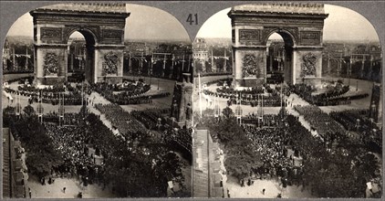 WWI Victory Day Celebration,  Arch de Triumph, Avenue des Champs-Eiysees, Paris, France, Stereo Card, July 14 1919