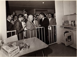 U.S. Vice President Richard Nixon, Soviet Premier Nikita Khruschev attending American Exhibition resulting in "Kitchen Debate", Moscow, U.S.S.R, 1959