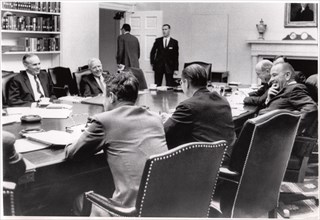 U.S. President Lyndon Johnson during Policy Meeting, with Maxwell D. Taylor, John McCone, Cyrus Vance, Robert McNamara, Dean Rusk, April 1, 1965