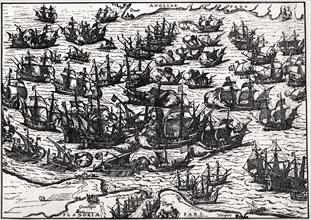 English Attacking Spanish Armada, English channel, Illustration, July 19, 1588