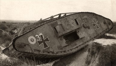 German Tank Hindenburg Line, WWI Postcard, circa 1918