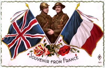 French and British Soldier Shaking Hands behind Union Jack and French Flags, World War I, "Souvenir from France, French Postcard, circa 1918