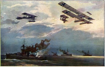German Airplanes attacking Fleet of Ships, World War I Postcard, circa 1915