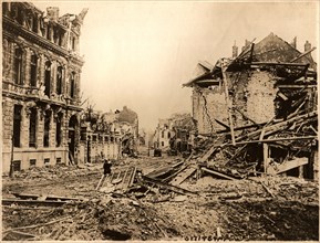 Soldiers Attempted to Clear Rubble of Destroyed Buildings from German Bombings during WWI, Armentieres, France, circa 1918