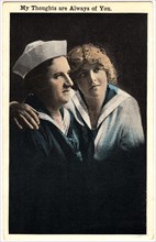 "My Thoughts are Always of You",  Sailor Lovers, World War I, Hand-Colored Postcard, circa 1915