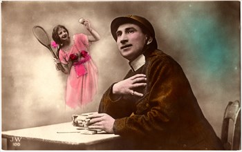 Soldier with Hand to Heart, Woman with Tennis Racquet, World War I, Hand-Colored Postcard, circa 1915
