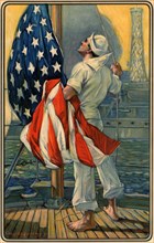 Sailor Raising American Flag on Ship, Painting, 1917