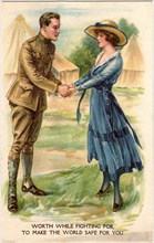 American Soldier and Wife Holding Hands, "Worth While Fighting For, To Make the World Safer for You", WWI Postcard, circa 1917