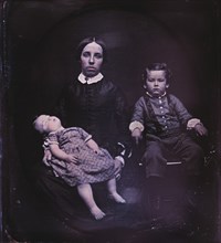 Mother with Two Children, one Sleeping, Portrait, Daguerreotype, Circa 1850's