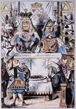 King and Queen of Hearts at the trial of the Knave of Hearts, Alice's Adventure in Wonderland by Lewis Carroll, Hand-Colored Illustration, Circa 1865