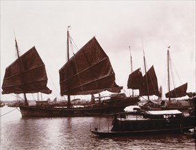 Coastal Sailing Ships in Harbor, China, Albumen Print, circa 1880