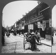 Man Pulling Rickshaw, Street Scene, Shanghai, China, Single Image of Stereo Card, circa 1901