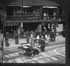 Jinirikisha and Tea House on Nanking Road, Shanghai, China, Single Image of Stereo Card, circa 1900
