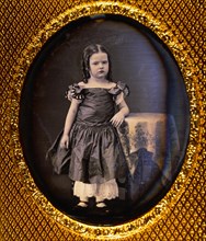 Young Girl Standing on Stool with Arm Resting on Table, Portrait, Daguerreotype, circa 1850's