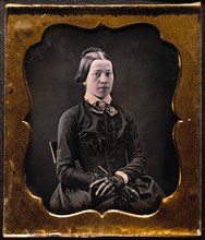 Woman in Long Dress and Lace Gloves Holding Parasol, Portrait, Daguerreotype, circa 1850's