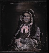 Middle-Aged Woman Wearing Hat and Veil with Shawl Covering Shoulders, Portrait, Daguerreotype, circa 1850's