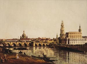 Dresden seen from the Right Banks of the river Elbe below the bridge Augustus, Painting by Bernardo Bellotto, also known as Canaletto (1721-1780), 1748