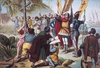 Christopher Columbus Taking Possession of the New World (San Salvador) circa 1492, Chomolithograph, 1892