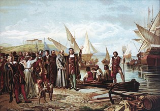 Embarkation and Departure of Christopher Columbus from Port of Palos, August 3, 1492, Chromolithograph from Painting by Ricardo Balaca, 1892