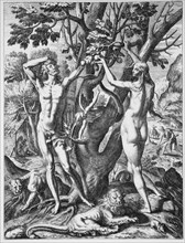 Adam and Eve in the Garden of Eden, Wood Engraving, circa 1588