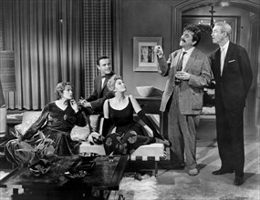 Elsa Lanchester, Jack Lemmon, Kim Novak, Ernie Kovacs, James Stewart, on-set of the Film, "Bell, Book and Candle", 1958