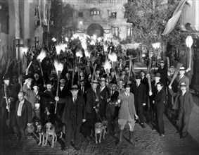 Colin Clive (in jodhpurs), Amongst Crowd with Torches and Clubs, on-set of the Film, "Frankenstein", 1931