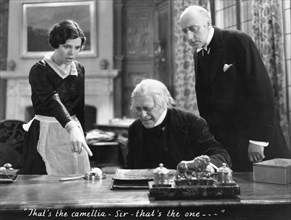 Doris Luray, Cyril Maude, Halliwell Hobbes, on-set of the Film, "Grumpy", 1930