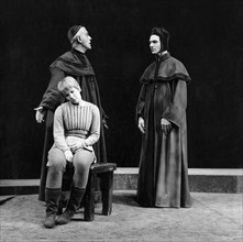 Boris Karloff, Julie Harris, Joseph Wiseman, on-set of the Broadway Play "The Lark", Longacre Theater, New York, 1955