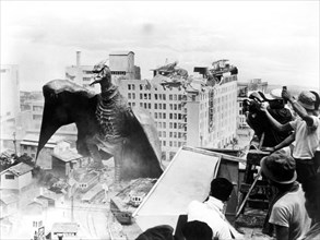 Flying Creature Destroying Buildings, on-set, "Rodan"(aka Sora No Daikaiju Radon), 1956