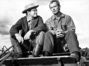 Van Heflin, Alan Ladd, on-set of the Film "Shane", 1953