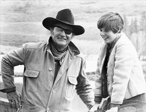 John Wayne, Kim Darby, on-set of the Film "True Grit", 1969