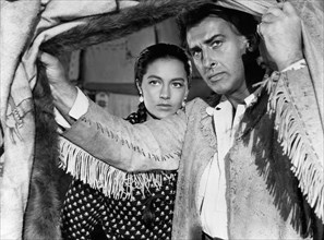 Cyd Charisse, Stewart Granger, on-set of the Film "The Wild North" (aka The Big North), 1952