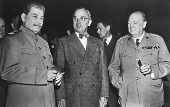 U.S. President Harry S. Truman, (center), Soviet Premier Joseph Stalin, British Prime Minister Winston Churchill, Potsdam Conference, July 1945