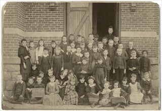 Teacher and Students in Front of School, Portrait, Lovell St No 3, USA, 1891
