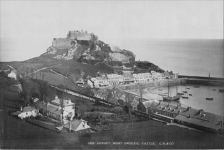 Mont Orgueil Castle and Harbor of Gorey, Jersey, England, UK, Albumen Photograph, circa 1895