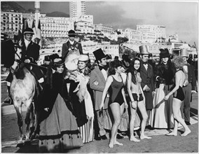 Group of Young Women in Current Swimsuits Contrasting with Fashions from 100 Years Earlier, 1866, Worn by Another Group, Part of Centenary Celebrations, Monaco, 1966