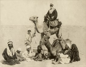 Family with Two Camels in Desert, Egypt, Albumen Print, circa 1890