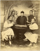 Chinese Men Playing Board Game, Shanghai, China, Albumen Print, circa 1880