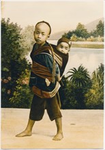 Child carrying Infant, China, Hand-Colored Postcard, circa 1900