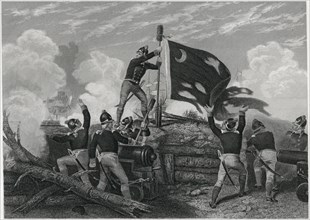 “Defence of Fort Sullivan S.C - Heroism of Sergeant Jasper”, June 28, 1776, from a Painting by J.A. Oertel, Engraved by G.R. Hall, Printed by Henry J. Johnson Publisher, NY, 1879