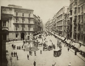 Street Scene, Via Roma (now Toledo) with Statue of Carlo Poerio, Naples, Italy, Albumen Print, circa 1880