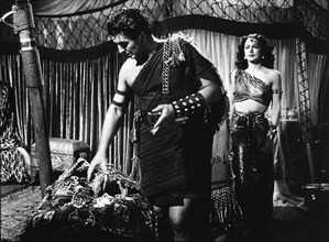 Victor Mature, Hedy Lamarr, on-set of the Film "Samson and Delilah", 1949