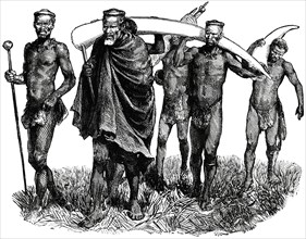 Group of Men Carrying Large Elephant Tusks, Africa, "Classical Portfolio of Primitive Carriers", by Marshall M. Kirman, World Railway Publ. Co., Illustration, 1895