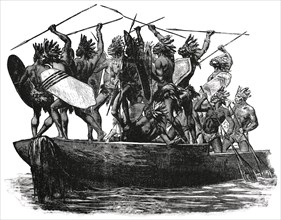 Warriors on War Canoe, Africa, "Classical Portfolio of Primitive Carriers", by Marshall M. Kirman, World Railway Publ. Co., Illustration, 1895