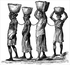 Chain Gang Carrying Merchandise, East Africa, "Classical Portfolio of Primitive Carriers", by Marshall M. Kirman, World Railway Publ. Co., Illustration, 1895