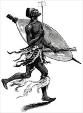 Armed Messenger Using Split Stick, Africa, "Classical Portfolio of Primitive Carriers", by Marshall M. Kirman, World Railway Publ. Co., Illustration, 1895